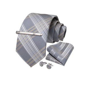 Men's Silk Tie + Pocket Square + Cufflinks + Tie Clip 4 Piece Set